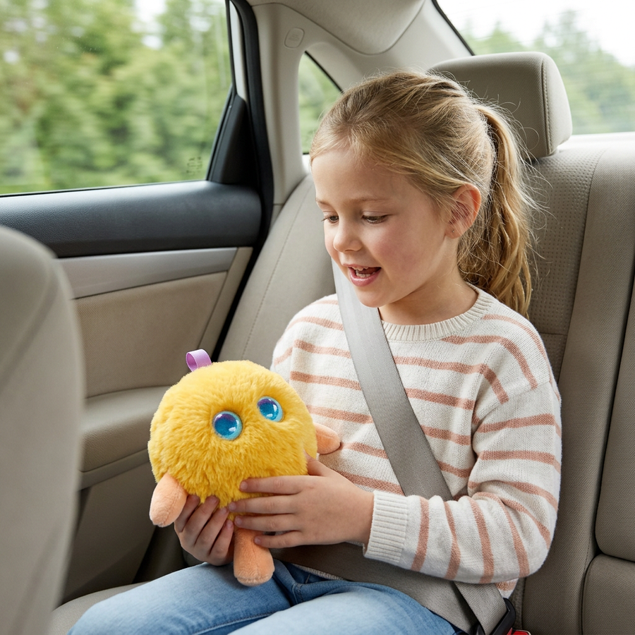 Tovuli AI plush companion clipped to a backpack